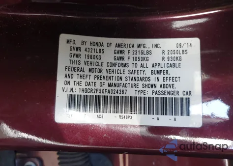 2015 Honda Accord Sport z USA, uszkodzony, nr VIN 1HGCR2F50FA024367